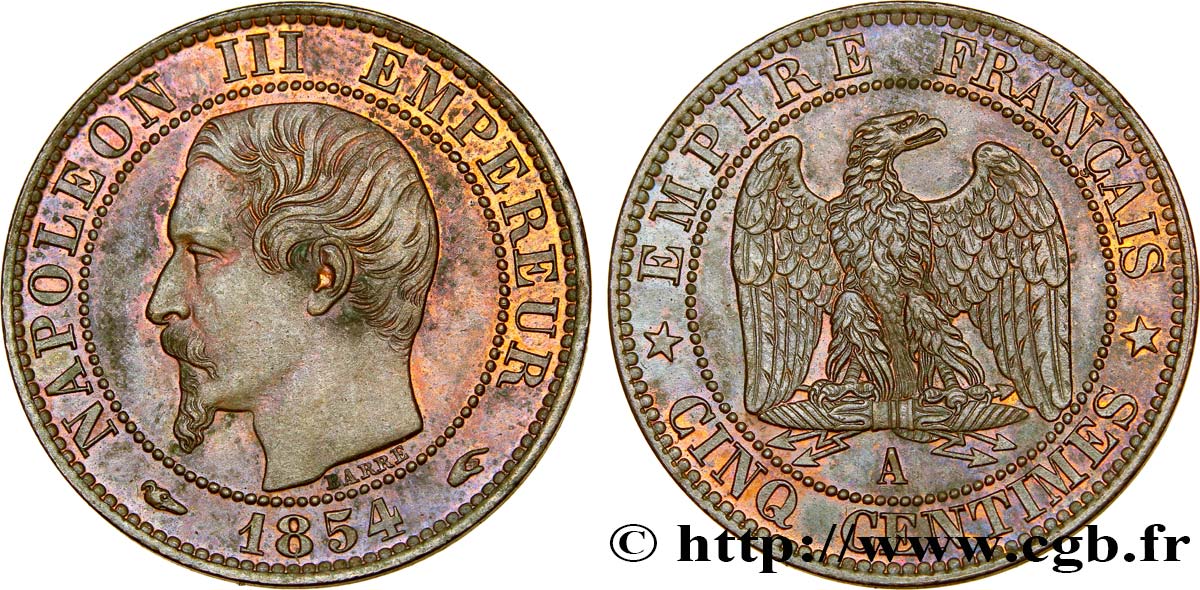 Cinq centimes Napoléon III, tête nue 1854 Paris F.116/8 SPL55 