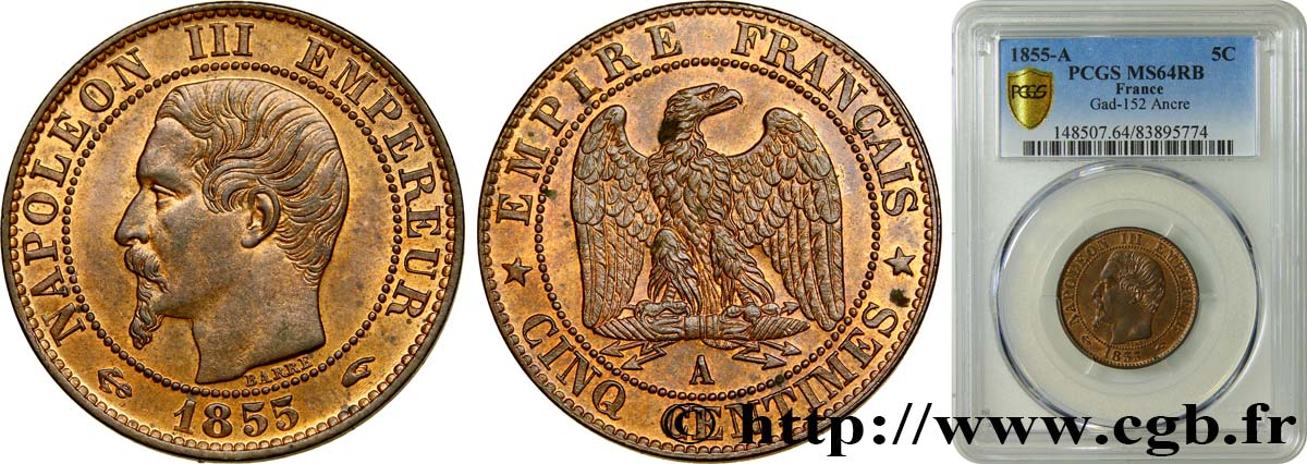 Cinq centimes Napoléon III, tête nue 1855 Paris F.116/17 fST64 PCGS