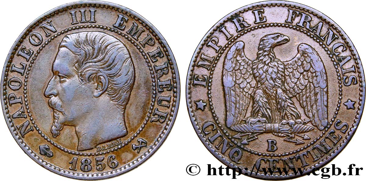 Cinq centimes Napoléon III, tête nue 1856 Rouen F.116/31 TTB50 