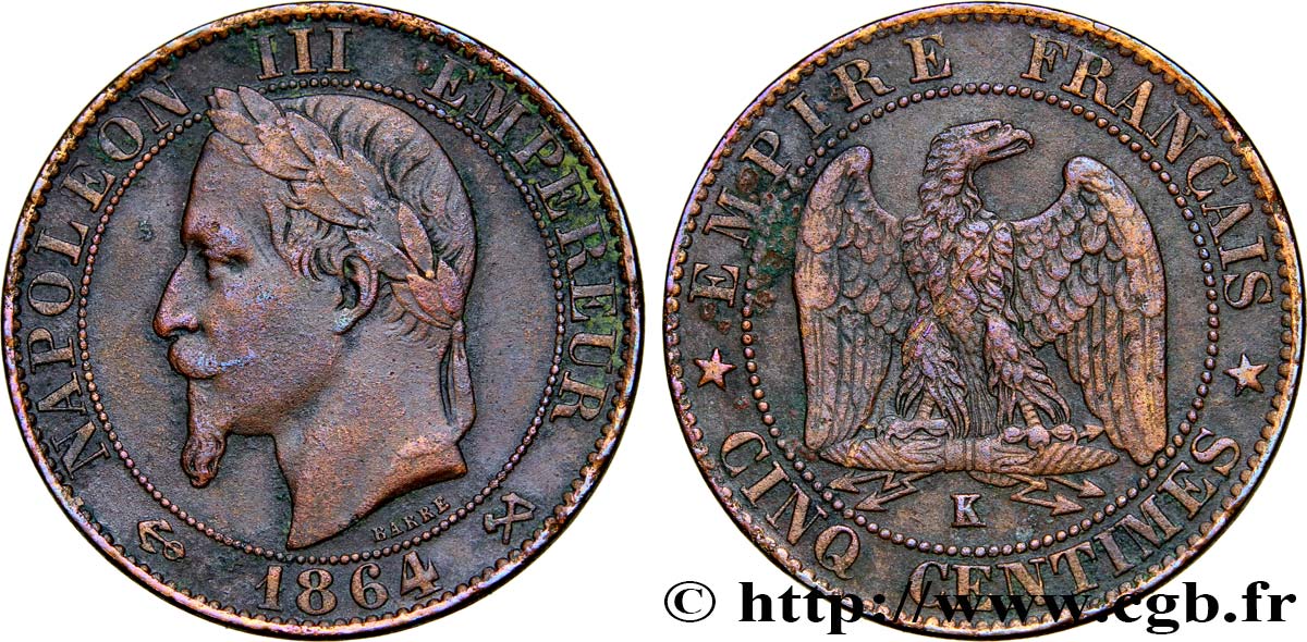 Cinq centimes Napoléon III, tête laurée 1864 Bordeaux F.117/15 TTB40 