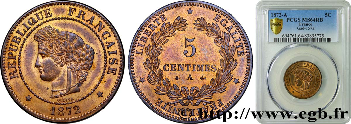 5 centimes Cérès 1872 Paris F.118/4 fST64 PCGS