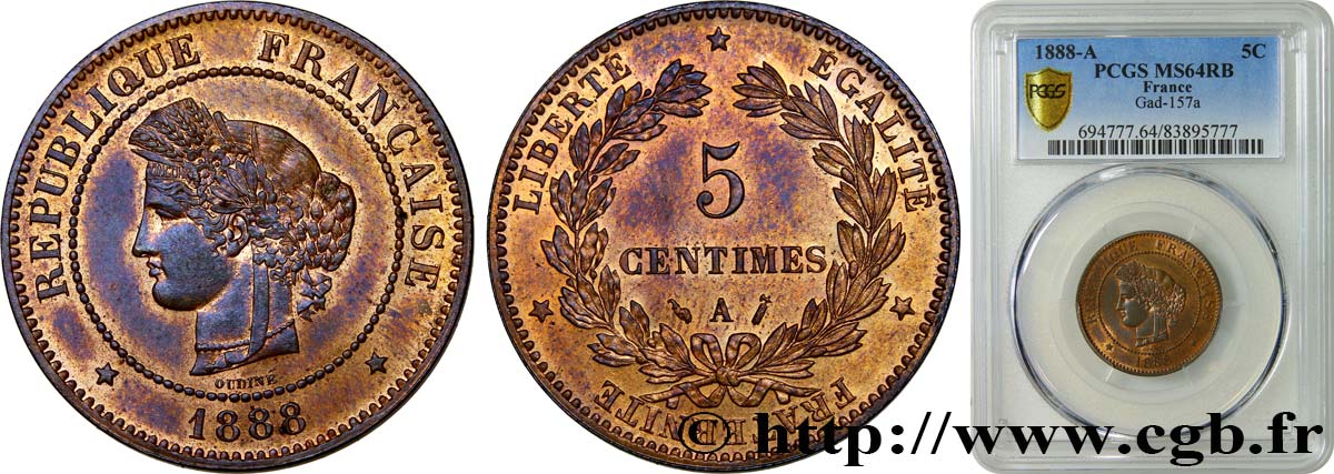 5 centimes Cérès 1888 Paris F.118/30 SC64 PCGS
