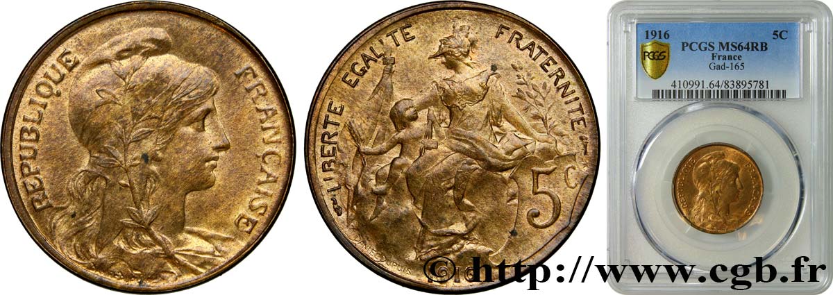 5 centimes Daniel-Dupuis 1916  F.119/29 fST64 PCGS