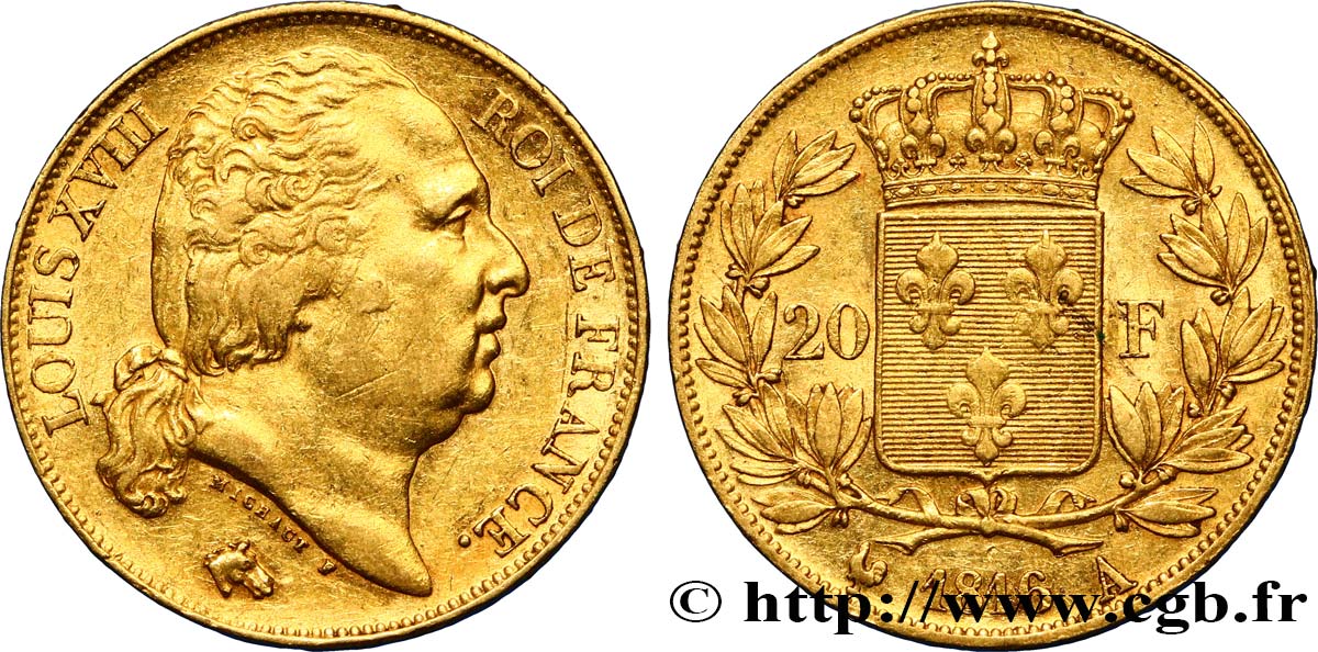 20 francs or Louis XVIII, tête nue 1816 Paris F.519/1 SS48 