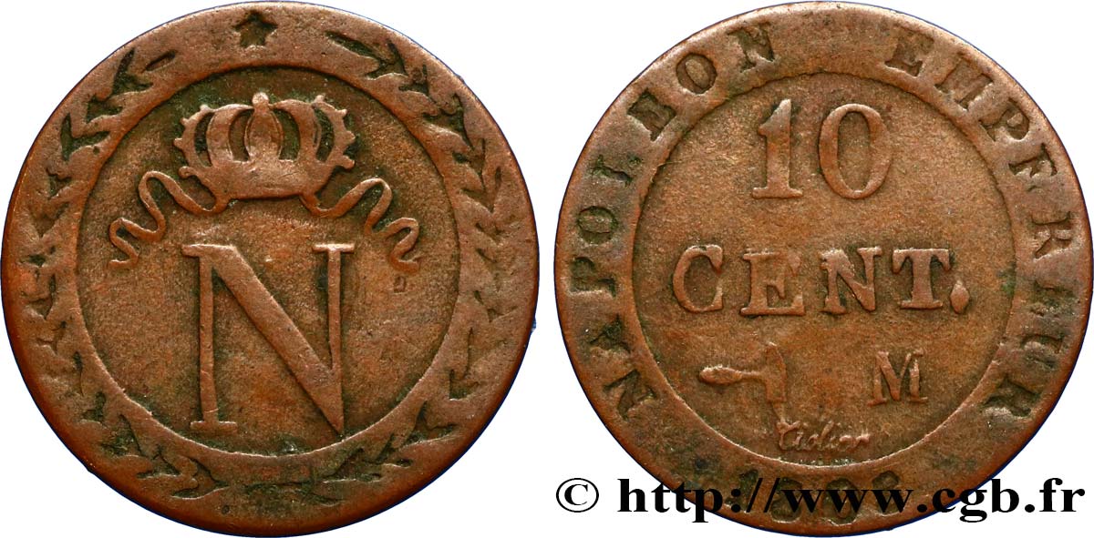 Faux de 10 cent. à l N couronnée 1808 Toulouse F.130/7 var. BC30 