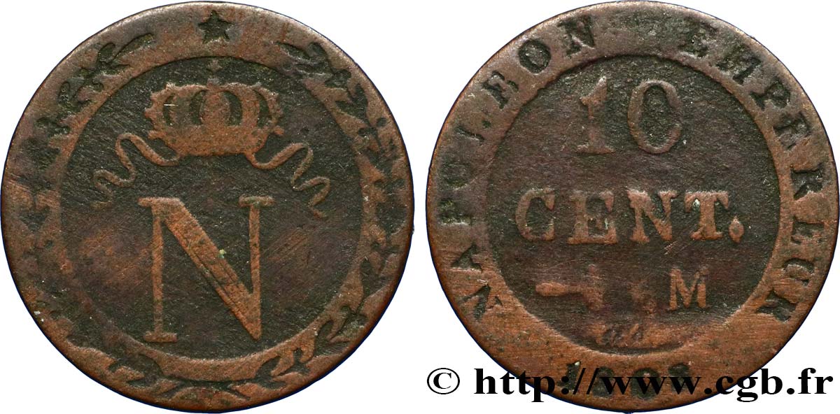 Faux de 10 cent. à l N couronnée 1808 Toulouse F.130/7 var. BC30 