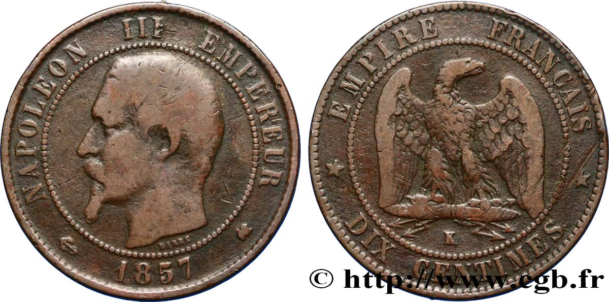 Dix centimes Napoléon III, tête nue 1857 Bordeaux F.133/44 TB20 