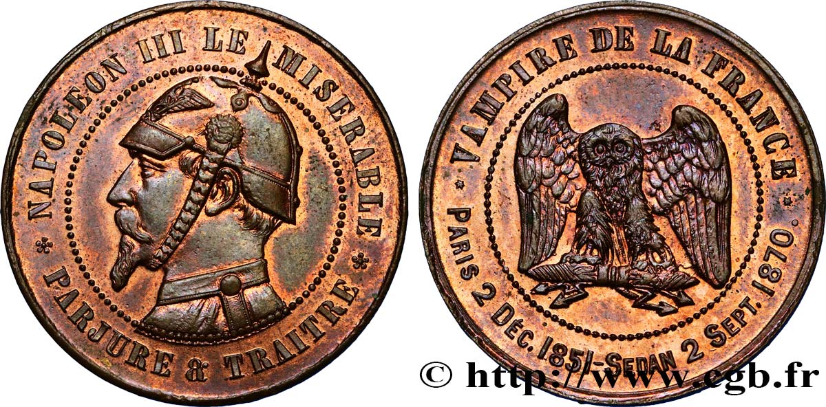 Monnaie satirique Br 32, module de dix centimes 1870  Coll.37  MS62 