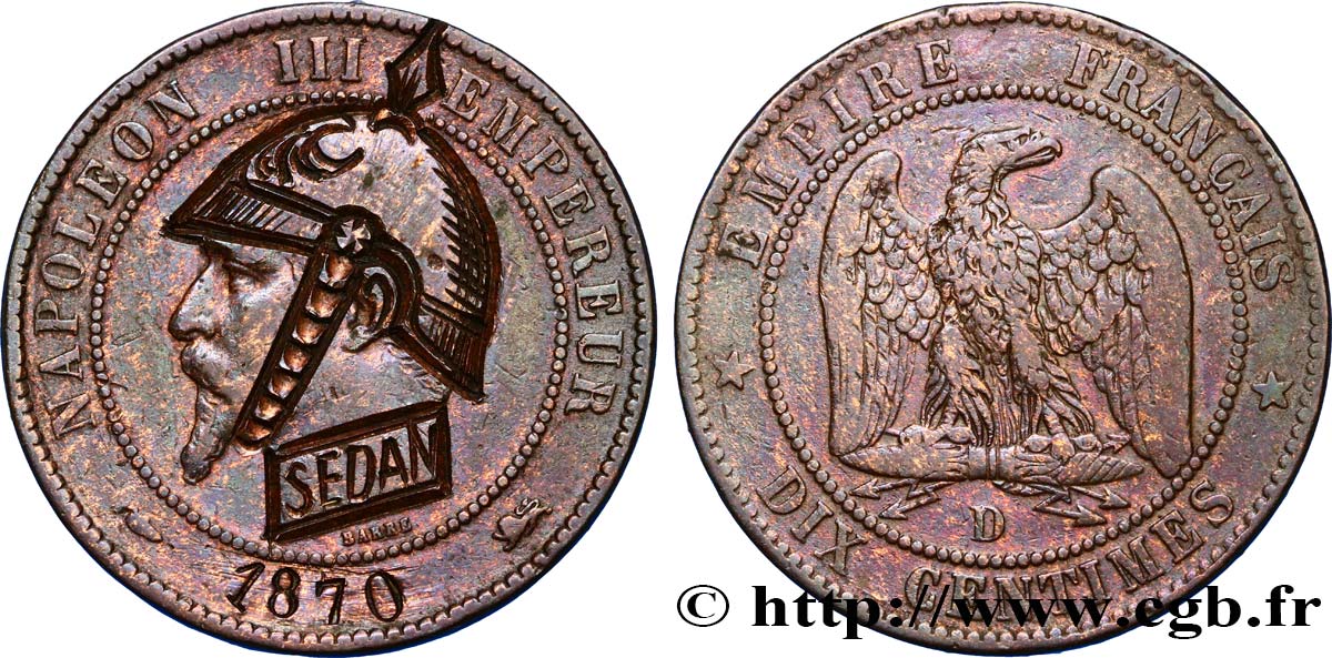 Dix centimes Napoléon III, tête nue, satirique 1870 Lyon F.133/- var. TTB45 