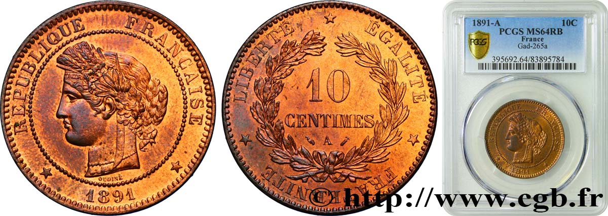 10 centimes Cérès 1891 Paris F.135/36 MS64 PCGS