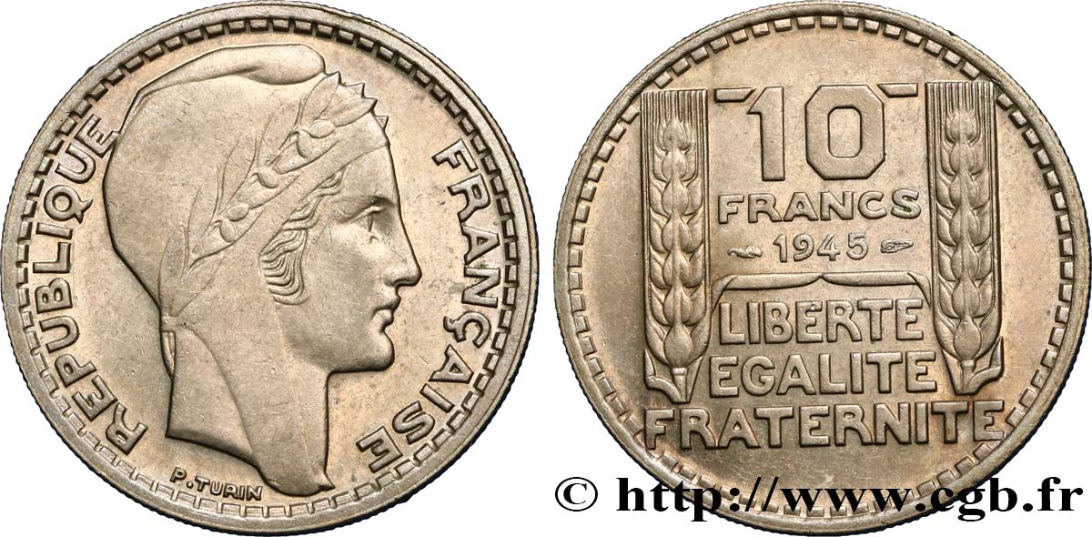 10 francs Turin, grosse tête, rameaux courts 1945  F.361A/1 VZ55 