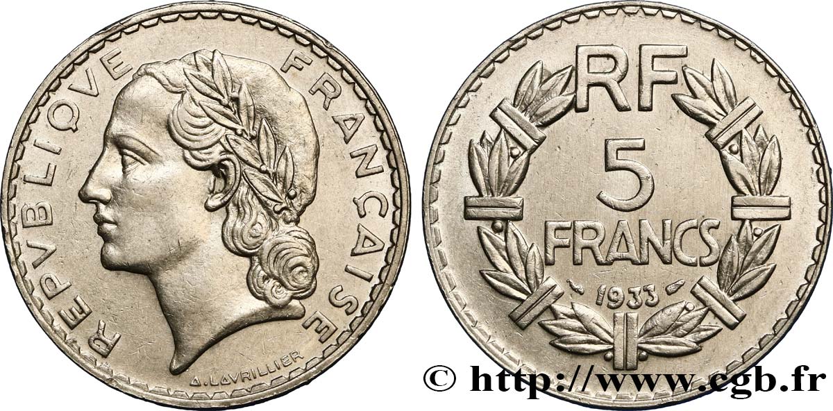 5 francs Lavrillier, nickel 1933  F.336/2 BB50 