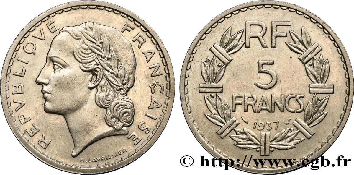 5 francs Lavrillier, nickel 1937  F.336/6 BB50 