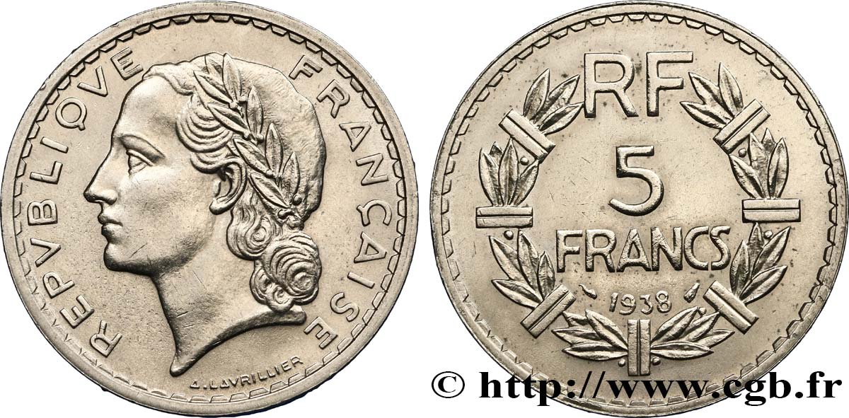 5 francs Lavrillier, nickel 1938  F.336/7 TTB50 
