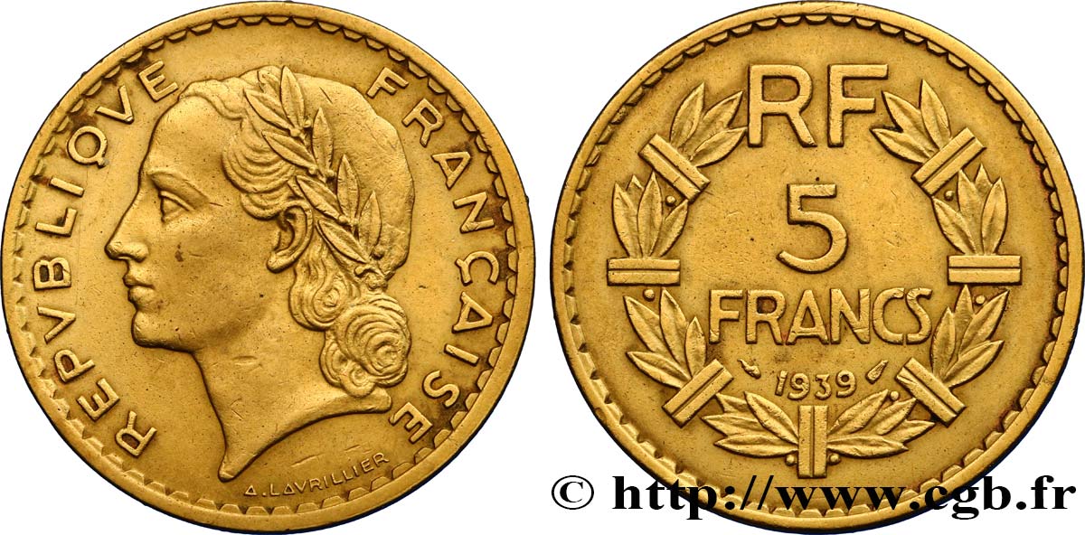 5 francs Lavrillier, bronze-aluminium 1939  F.337/3 TTB40 