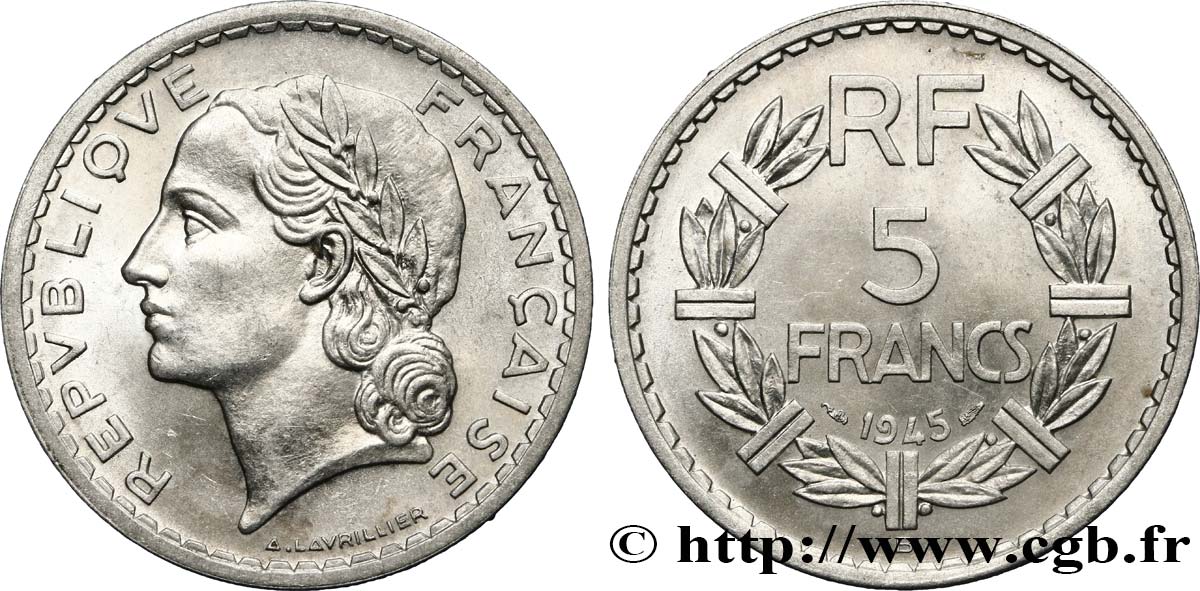 5 francs Lavrillier, aluminium 1945 Beaumont-Le-Roger F.339/4 EBC58 