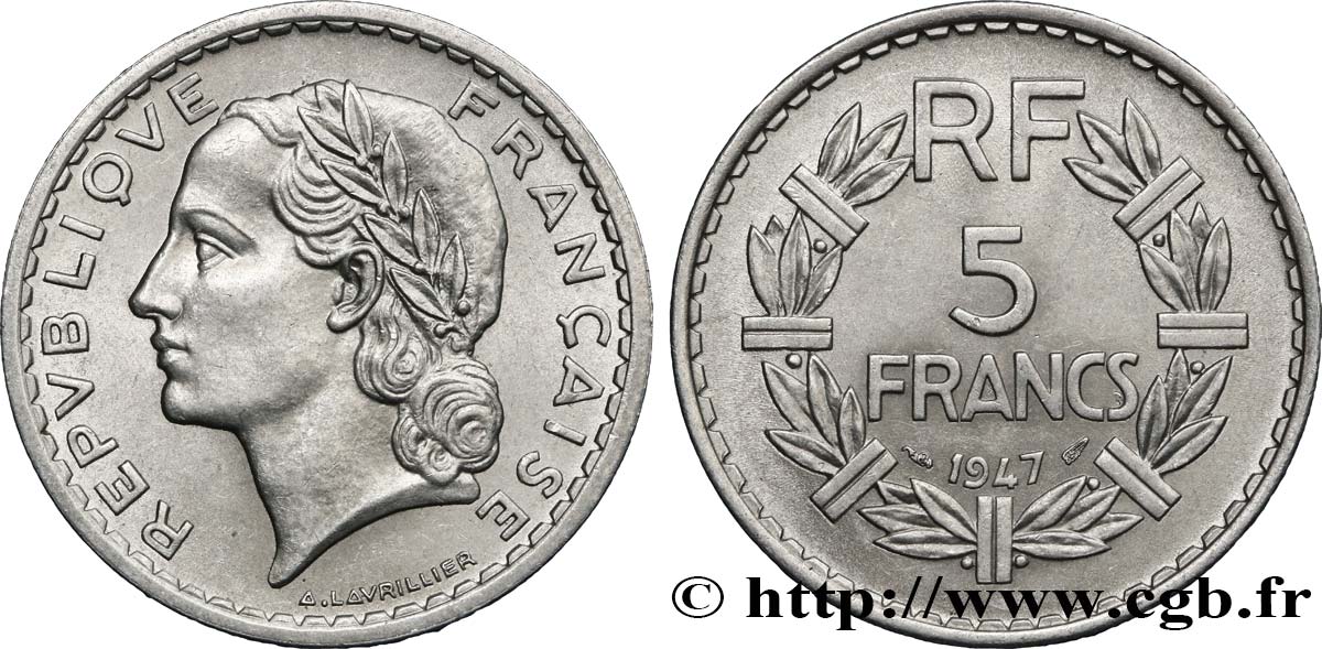 5 francs Lavrillier, aluminium 1947  F.339/9 MS62 