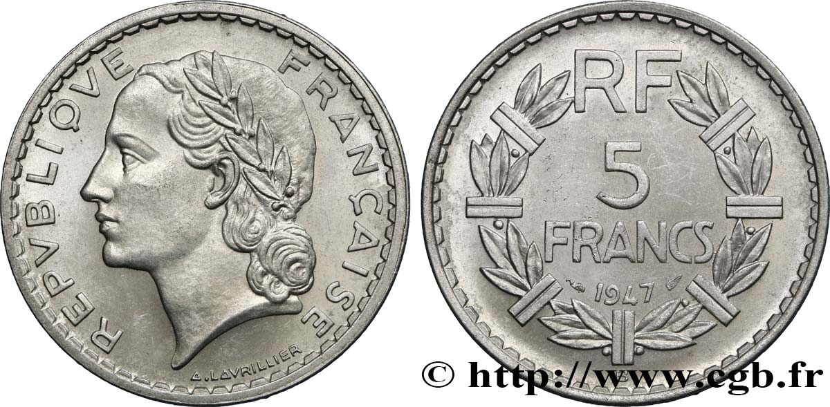5 francs Lavrillier, aluminium 1947 Beaumont-Le-Roger F.339/11 VZ58 