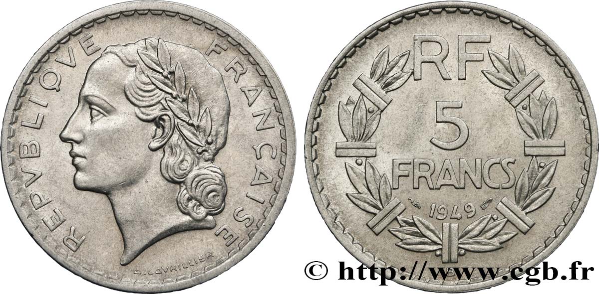 5 francs Lavrillier, aluminium 1949 Beaumont-le-Roger F.339/19 AU50 