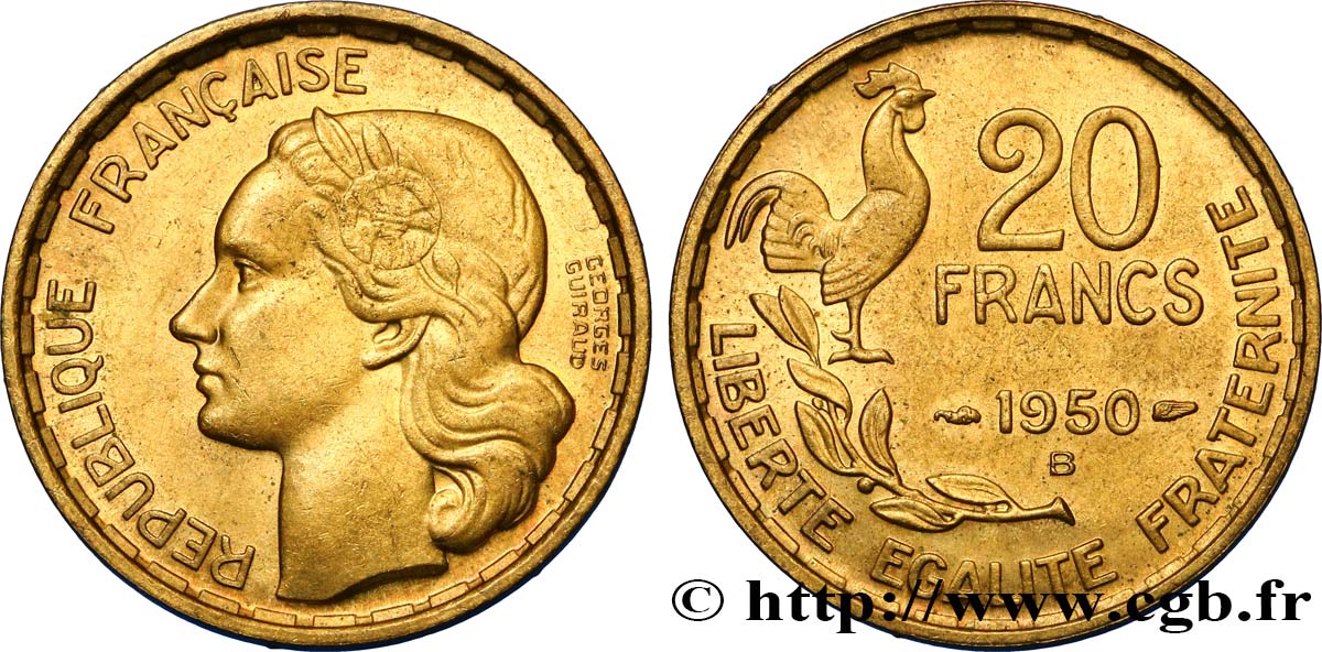 20 francs Georges Guiraud, 3 faucilles 1950 Beaumont-Le-Roger F.401/2 VZ58 