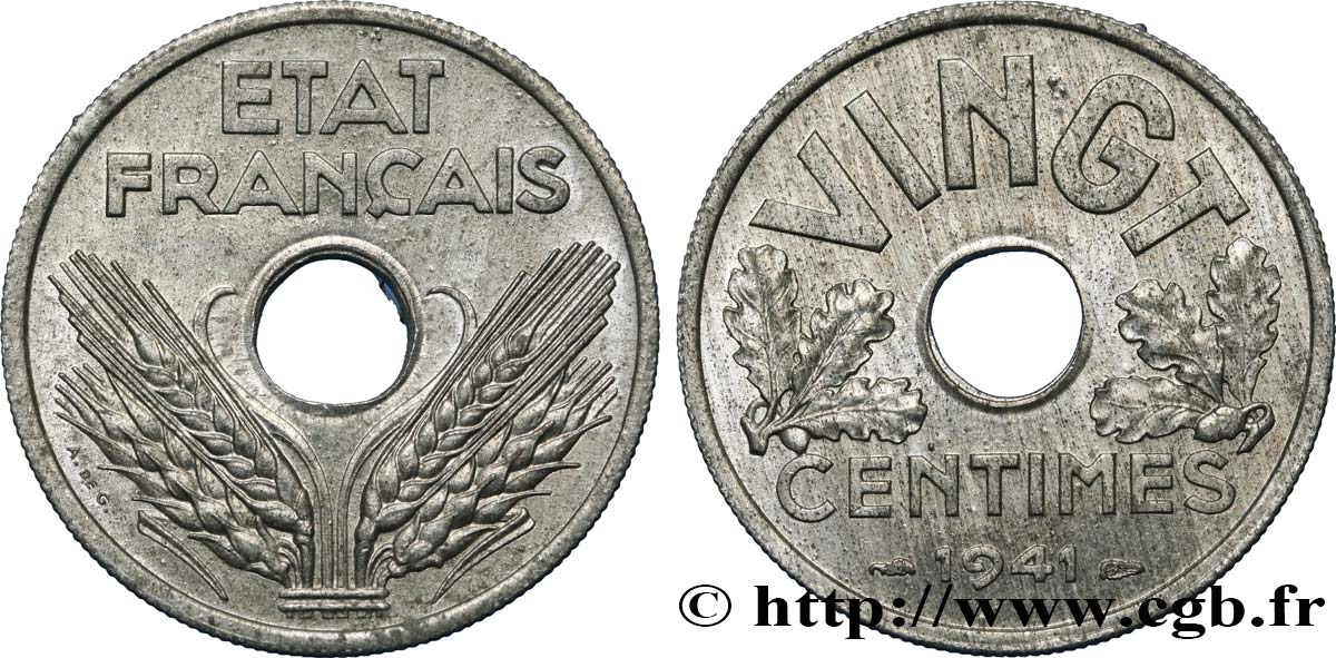 VINGT centimes État français 1941  F.152/2 SUP62 
