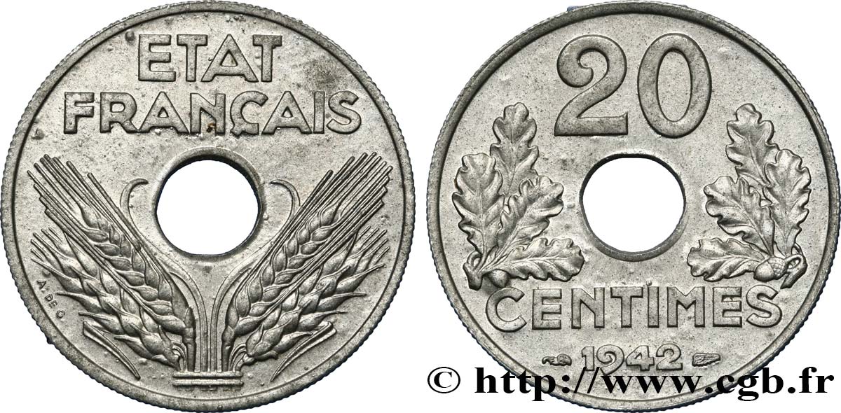 20 centimes État français, lourde 1942  F.153/4 SS54 