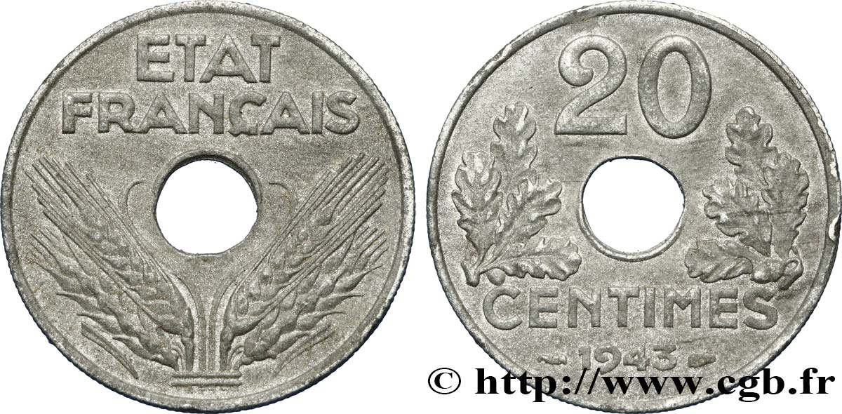 20 centimes État français, légère 1943  F.153A/1 SS48 