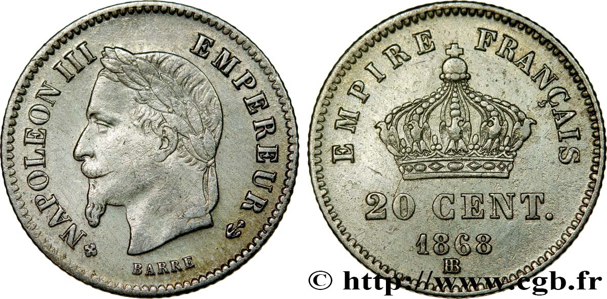 20 centimes Napoléon III, tête laurée, grand module 1868 Strasbourg F.150/5 XF48 