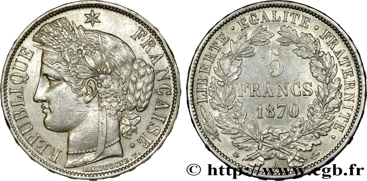 5 francs Cérès, avec légende 1870 Paris F.333/1 AU50 