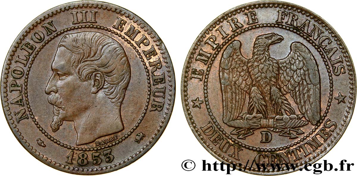 Deux centimes Napoléon III, tête nue, grand D et petit lion 1853 Lyon F.107/4 BB48 