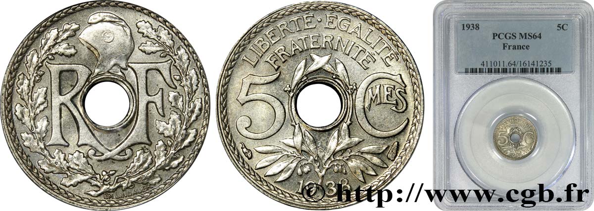 5 centimes Lindauer, petit module 1938 Paris F.122/21 MS64 PCGS
