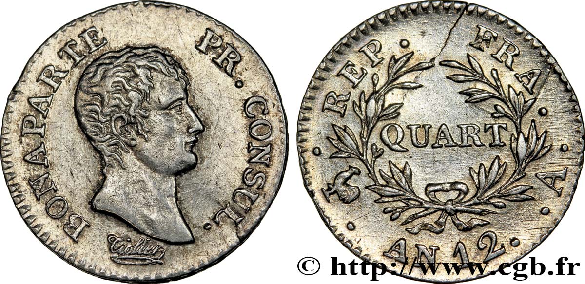 Quart (de franc) Bonaparte Premier Consul 1804 Paris F.157/1 EBC 