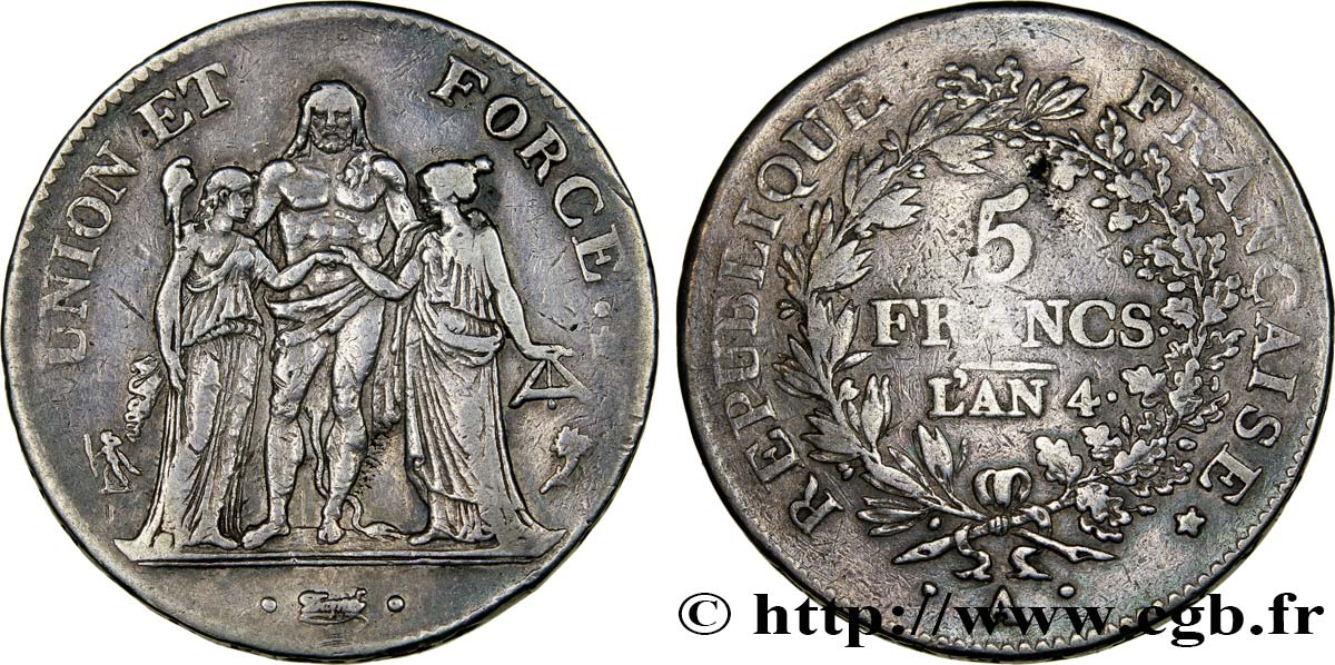 5 francs Union et Force, Union serré, avec glands intérieurs et gland extérieur 1796 Paris F.288/2 XF40 