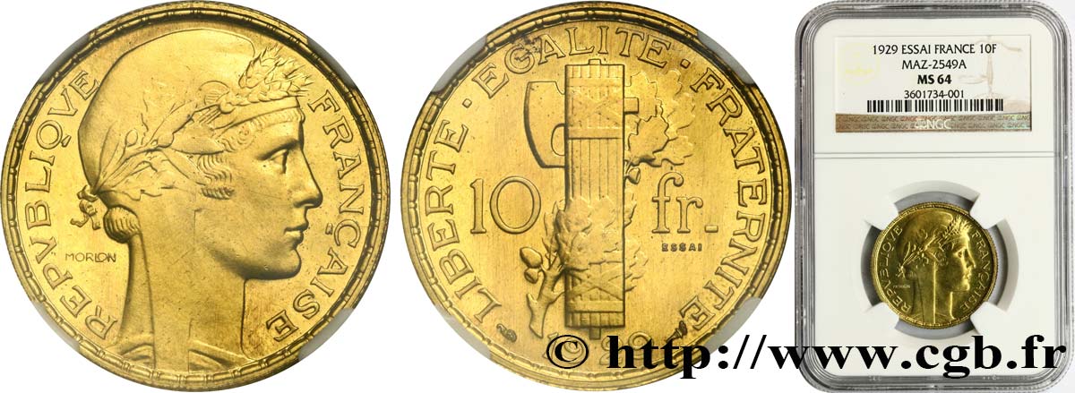 Concours de 10 francs, essai de Morlon en bronze-aluminium 1929 Paris GEM.166 3 SC64 NGC