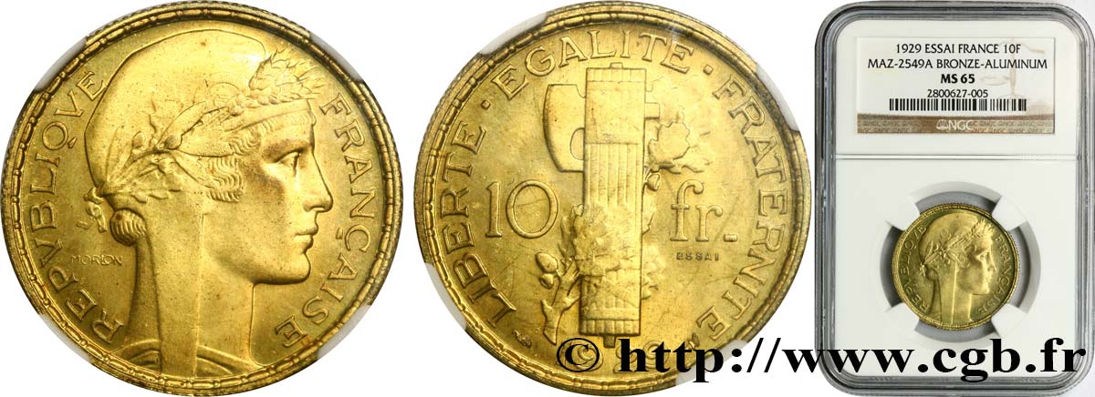 Concours de 10 francs, essai de Morlon en bronze-aluminium 1929 Paris GEM.166 3 ST65 NGC