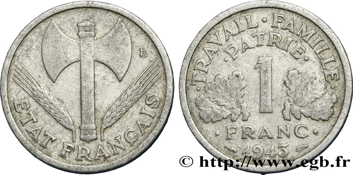 1 franc Francisque, lourde 1943 Paris F.222/4 VF25 