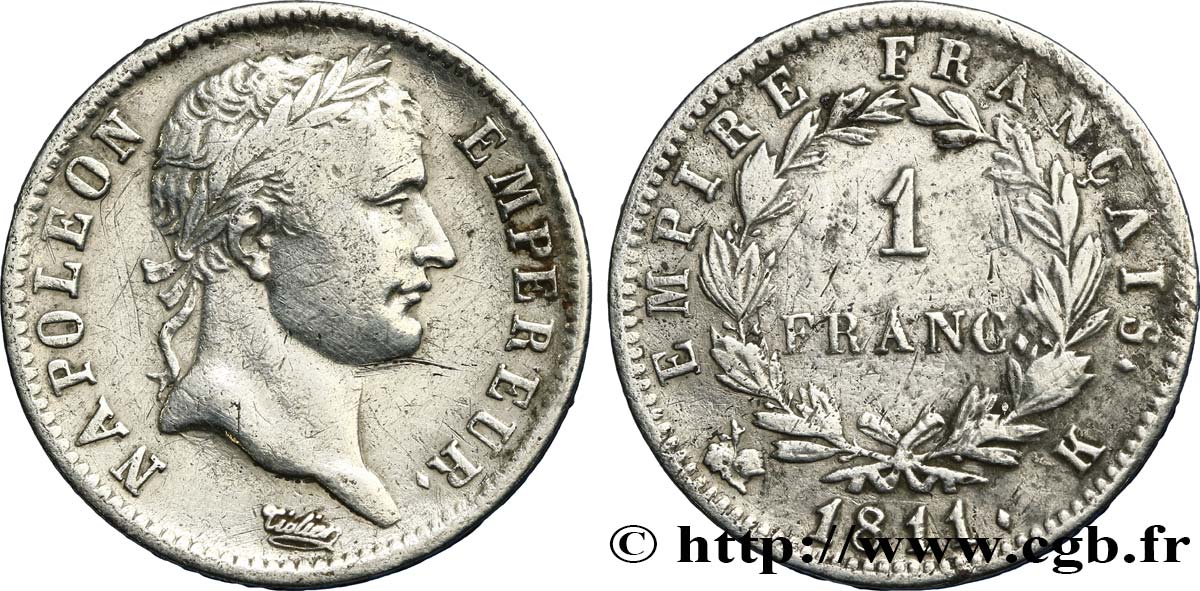 1 franc Napoléon Ier tête laurée, Empire français 1811 Bordeaux F.205/34 TB+ 
