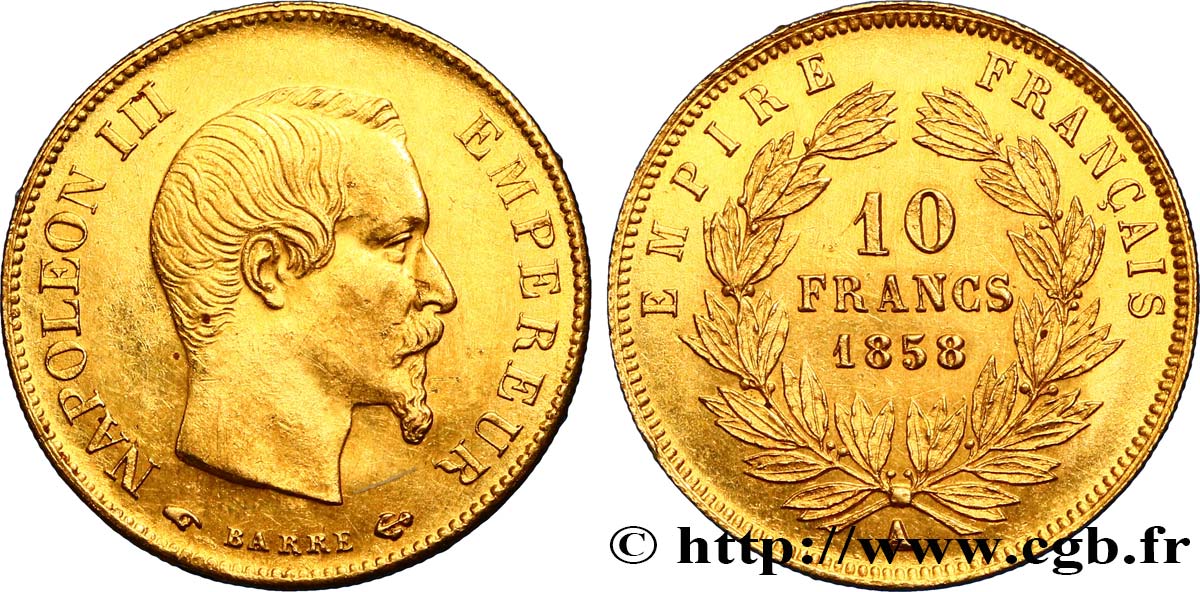 10 francs or Napoléon III, tête nue 1858 Paris F.506/5 AU55 