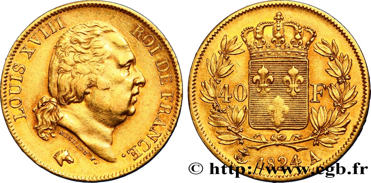 40 francs or Louis XVIII 1824 Paris F.542/14 BB45 