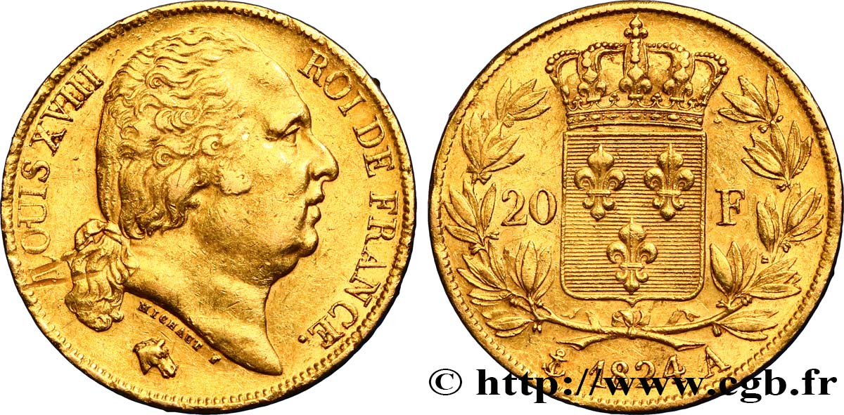20 francs or Louis XVIII, tête nue 1824 Paris F.519/31 AU52 