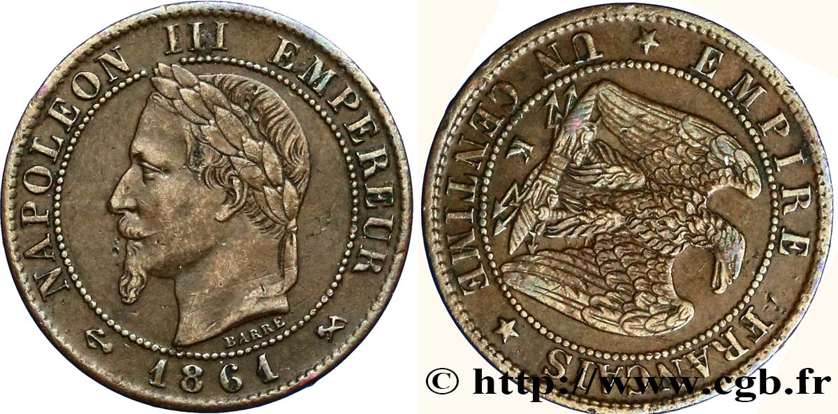 Un centime Napoléon III, tête laurée, Fautée Coins Tournés 1861 Bordeaux F.103/3 BB48 