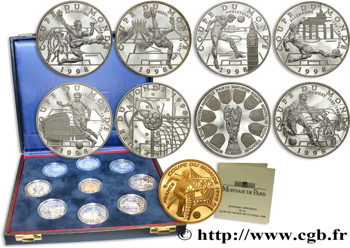 Coffret de neuf monnaies Belle Épreuve, huit en Argent et une en Or, Coupe du monde de football 1998 1996  F5.1306 à 1313 1 FDC 
