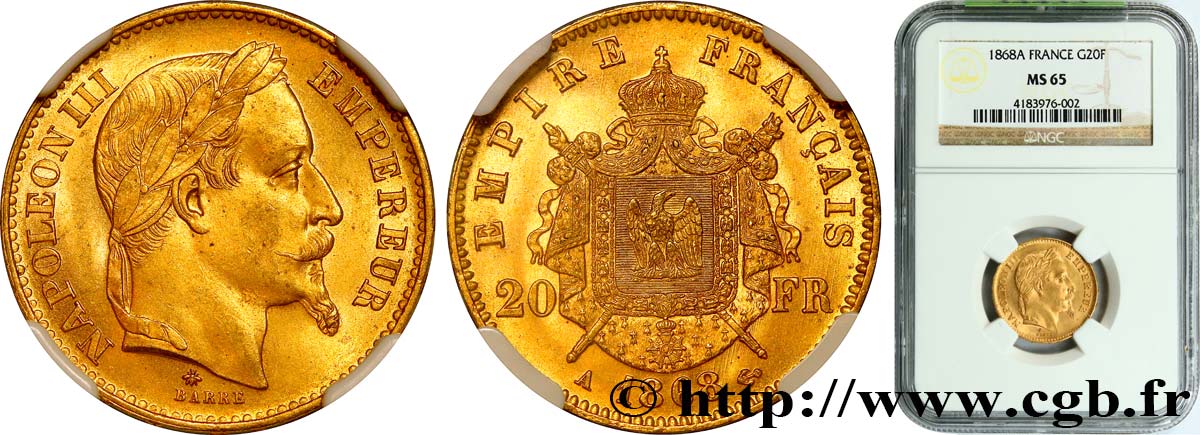 20 francs or Napoléon III, tête laurée 1868 Paris F.532/18 MS65 NGC