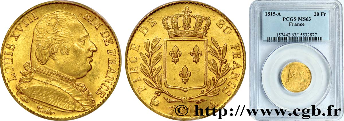 20 francs or Louis XVIII, buste habillé 1815 Paris F.517/10 MS63 PCGS