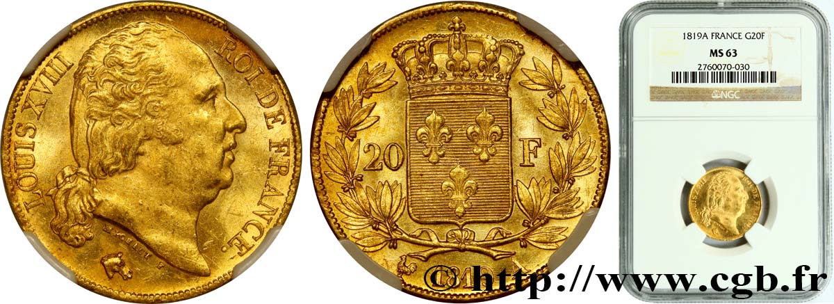 20 francs or Louis XVIII, tête nue 1819 Paris F.519/15 SC63 NGC