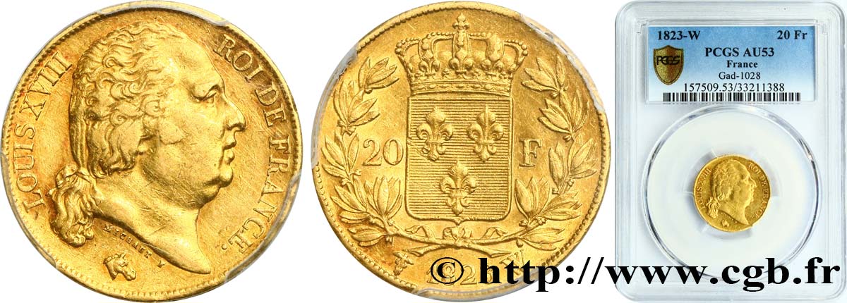 20 francs or Louis XVIII, tête nue 1823 Lille F.519/30 SS53 PCGS