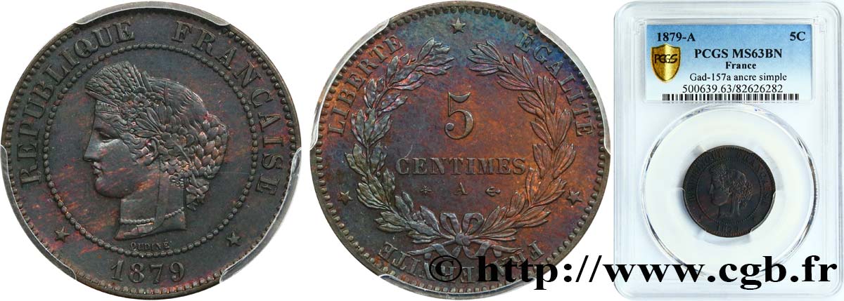 5 centimes Cérès, ancre non barrée 1879 Paris F.118/19 SPL63 PCGS