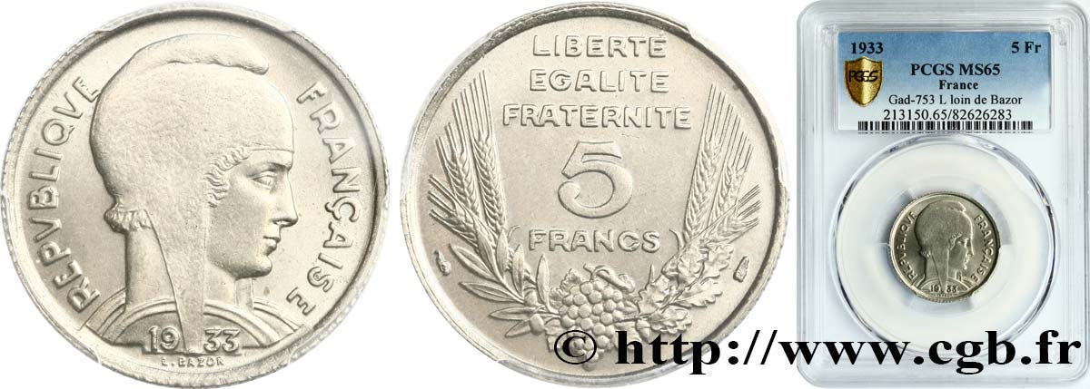 5 francs Bazor 1933  F.335/2 FDC65 PCGS
