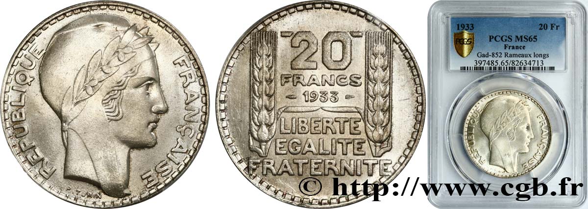 20 francs Turin, rameaux longs 1933  F.400/5 ST65 PCGS