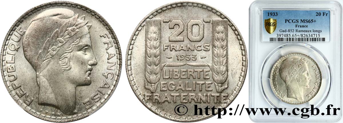 20 francs Turin, rameaux longs 1933  F.400/5 FDC65 PCGS